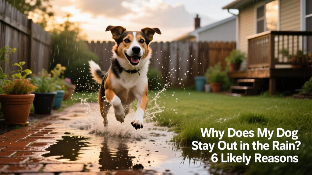 A happy medium-sized dog splashing playfully in a rain-soaked backyard