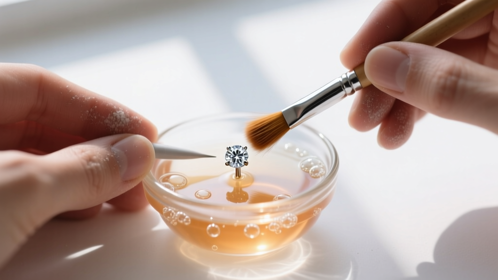 Jeweler using a soft horsehair brush to clean a 1-carat diamond stud earring in a small glass bowl filled with warm soapy solution