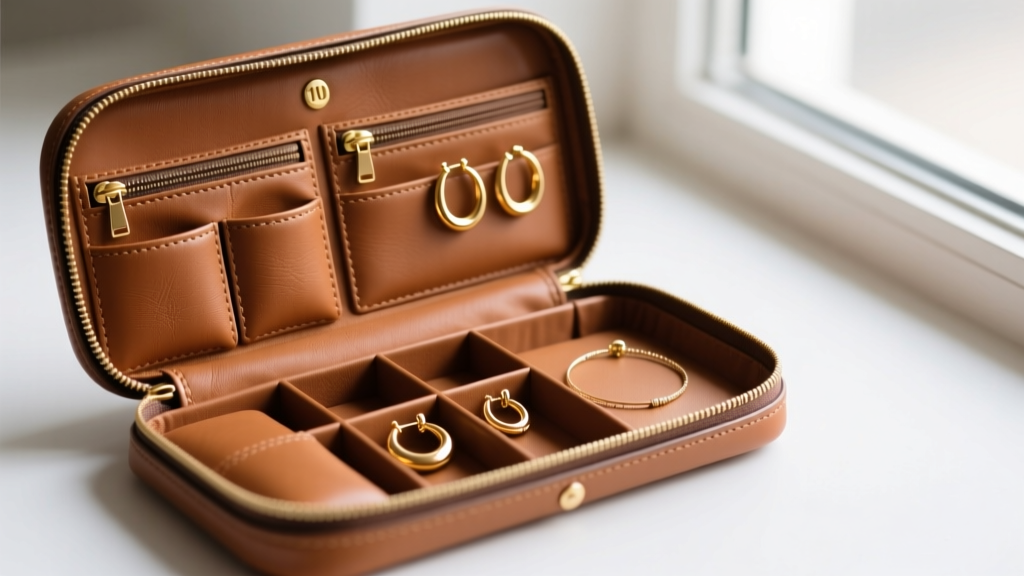 Open leather travel jewelry roll revealing separate zippered pouches holding delicate 10k gold hoop earrings and a thin bracelet.