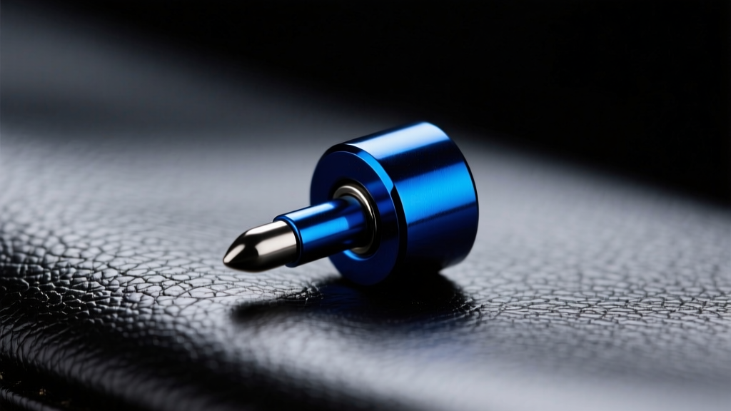 Close-up of 14-gauge anodized titanium septum clicker in dark blue, resting on black leather with harsh directional lighting