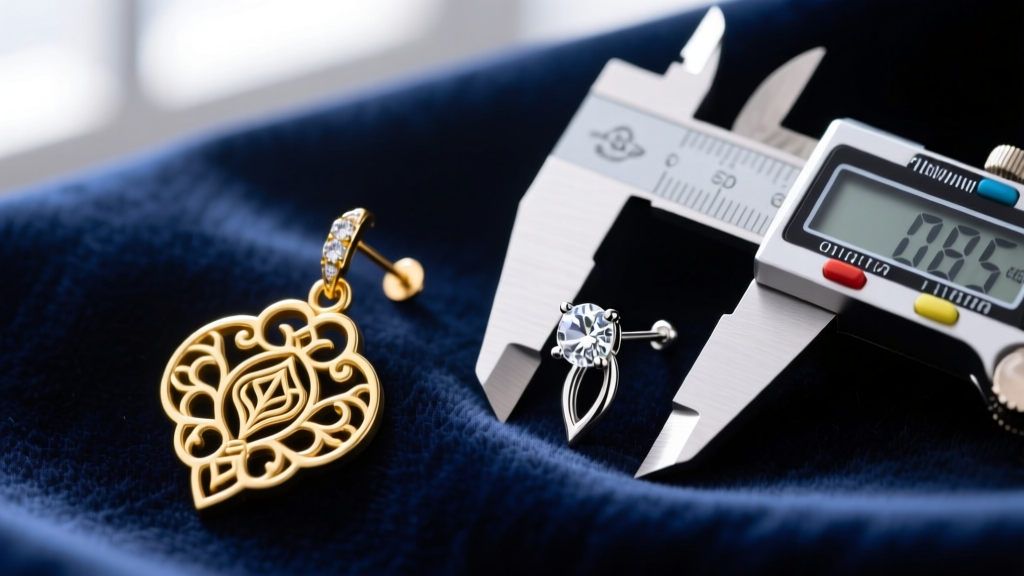 Macro shot of mismatched cosplay earrings with a gold charm and diamond stud on velvet, calipers measuring an 18-gauge post.