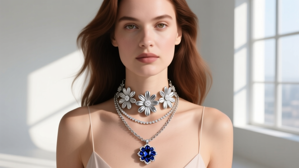Woman wearing layered floral necklaces, showing a 16-inch silver daisy choker and an 18-inch chain with a large gemstone bloom.