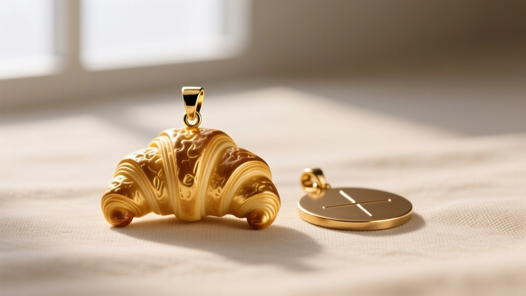 Macro shot of a 3D cast 14k gold croissant pendant next to a flat stamped brass version, highlighting deep realistic dough folds