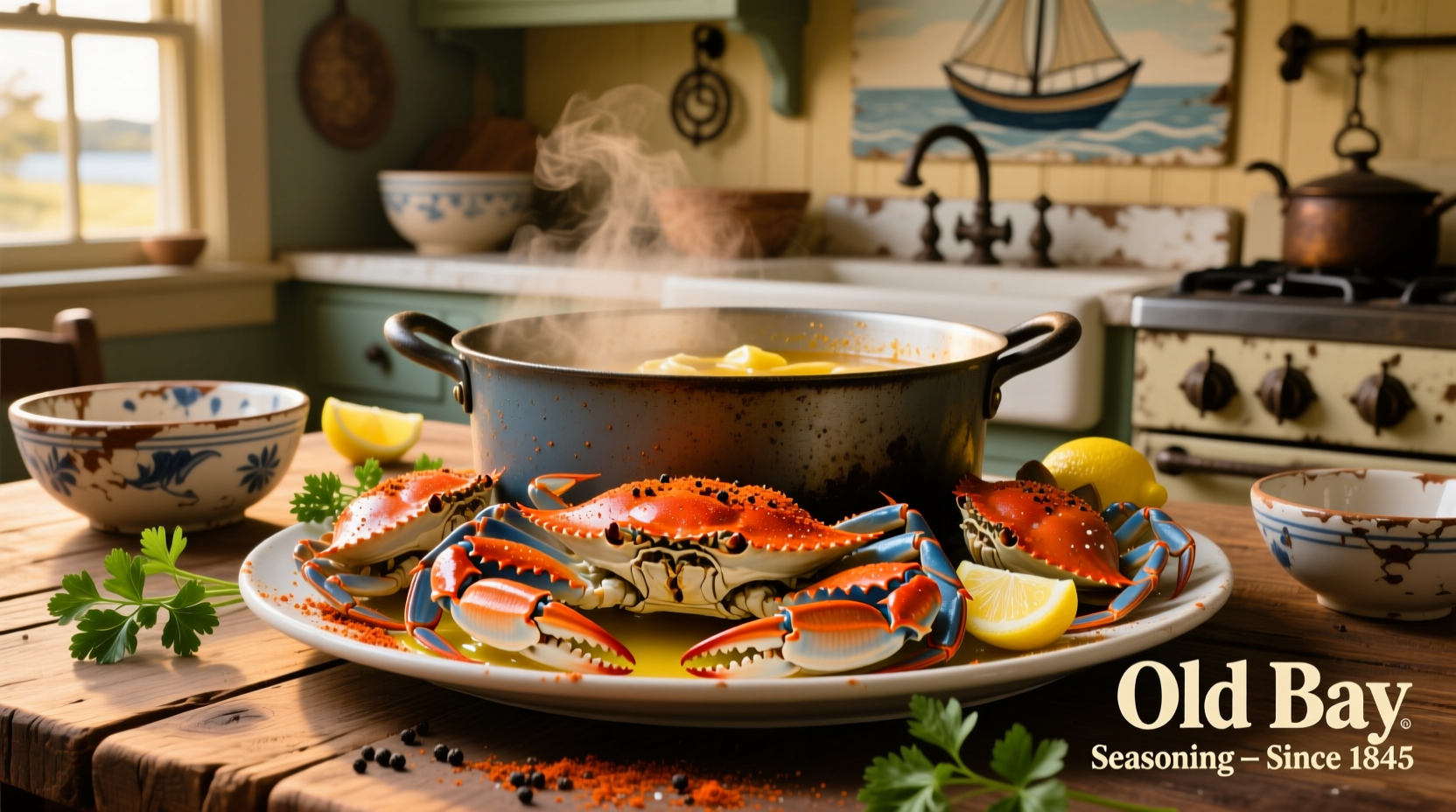 Traditional blue crab feast with Old Bay seasoning