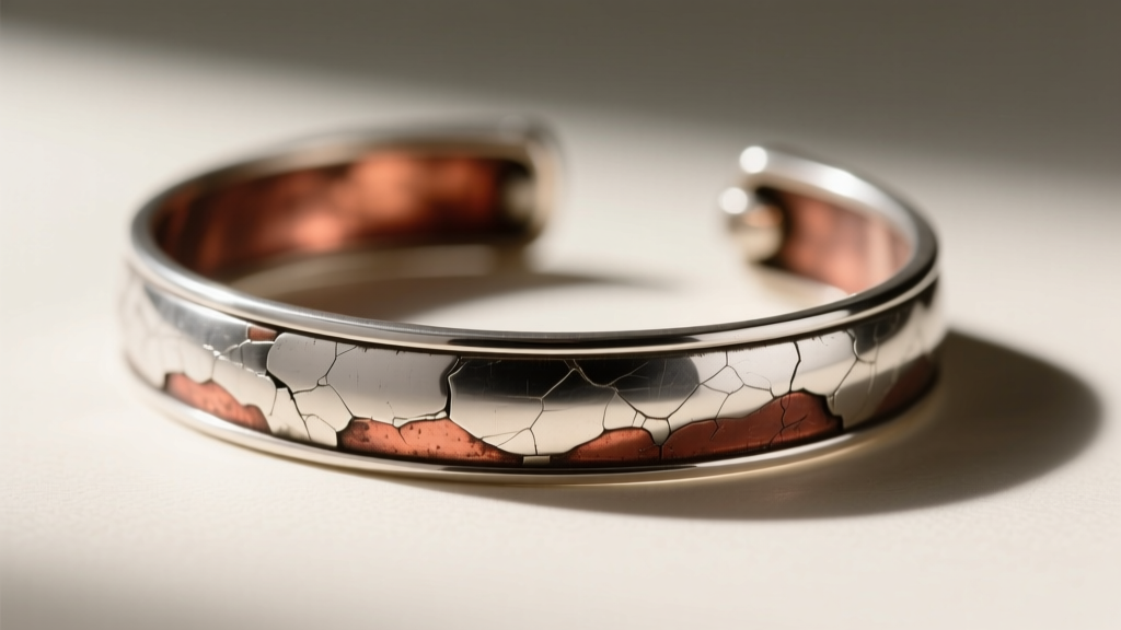 Macro shot of a tarnished silver-plated bracelet showing underlying copper base metal peeking through the worn silver surface