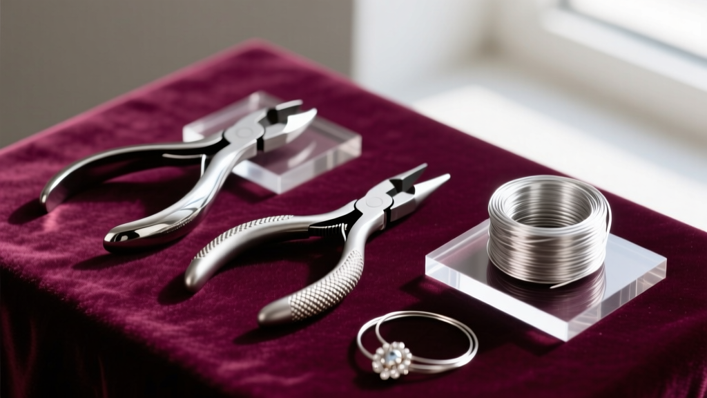 Flat lay of jewelry tools including flush cutters, round-nose pliers, and spools of half-hard argentium silver wire on velvet