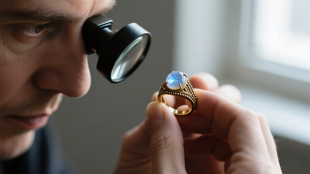 Jeweler using a 10x loupe to inspect a worn prong on a moonstone ring, highlighting metal fatigue and intricate milgrain detailing