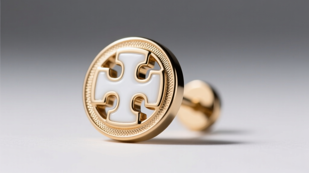 Macro photography of a Tori Burch Double T enamel stud earring showing the brass base metal edge and pristine white enamel inlay.