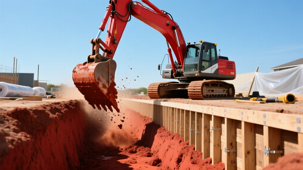 Excavator digging a deep rectangular trench for a residential basement foundation in red clay soil with wooden formwork visible