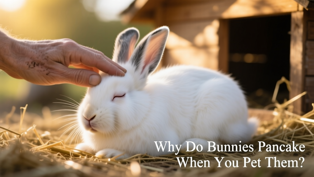 Close-up of a hand gently stroking a rabbit’s forehead while the bunny leans in, eyes softly closed