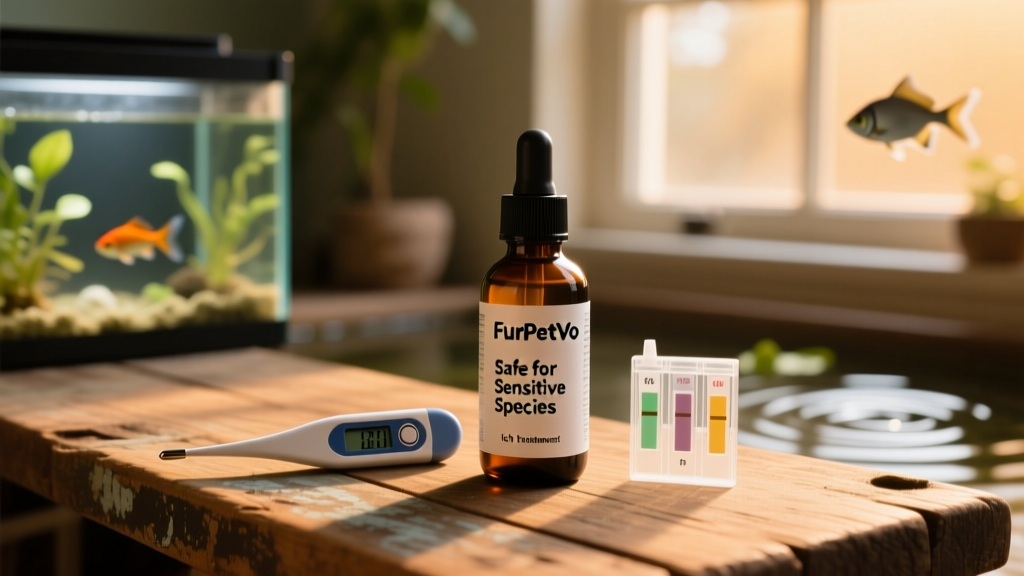 Bottle of FurPetVo Ich Treatment labeled 'Safe for Sensitive Species' next to a thermometer and clean water test kit