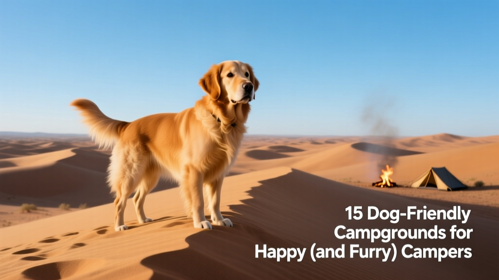 A golden retriever standing confidently on top of a sand dune under a wide blue sky with dramatic dune ridges stretching into the distance