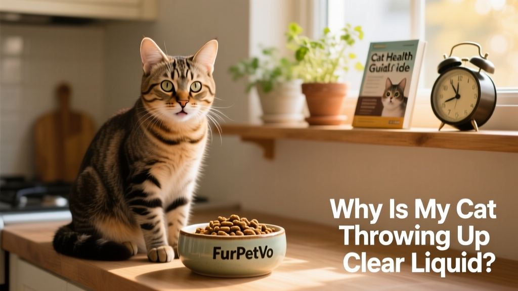 Cat sitting beside a bowl of FurPetVo premium dry food, looking curious but not eating