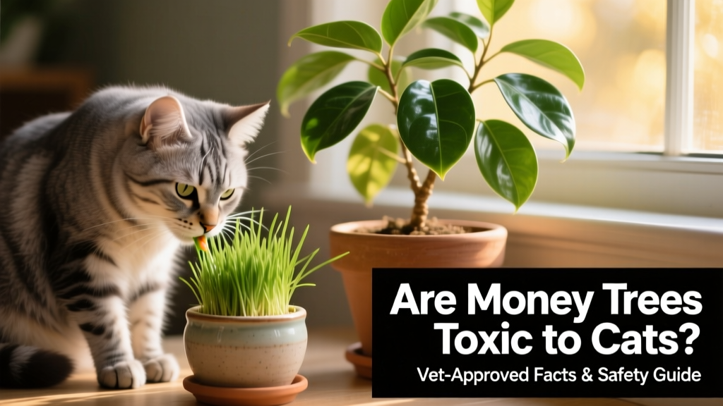 A cat gently nibbling on a small pot of cat grass beside a money tree plant