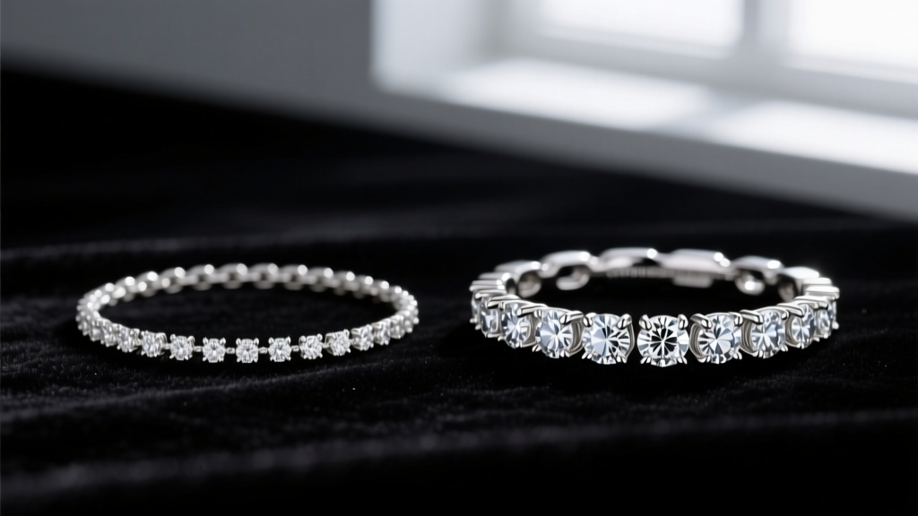 Comparison of 3mm and 5mm prong-set tennis chains showing height difference of diamond settings against black velvet background
