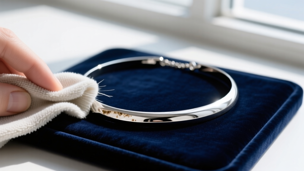 Soft microfiber cloth gently polishing a tarnished 925 sterling silver 16-inch choker necklace on a dark velvet jewelry pad.