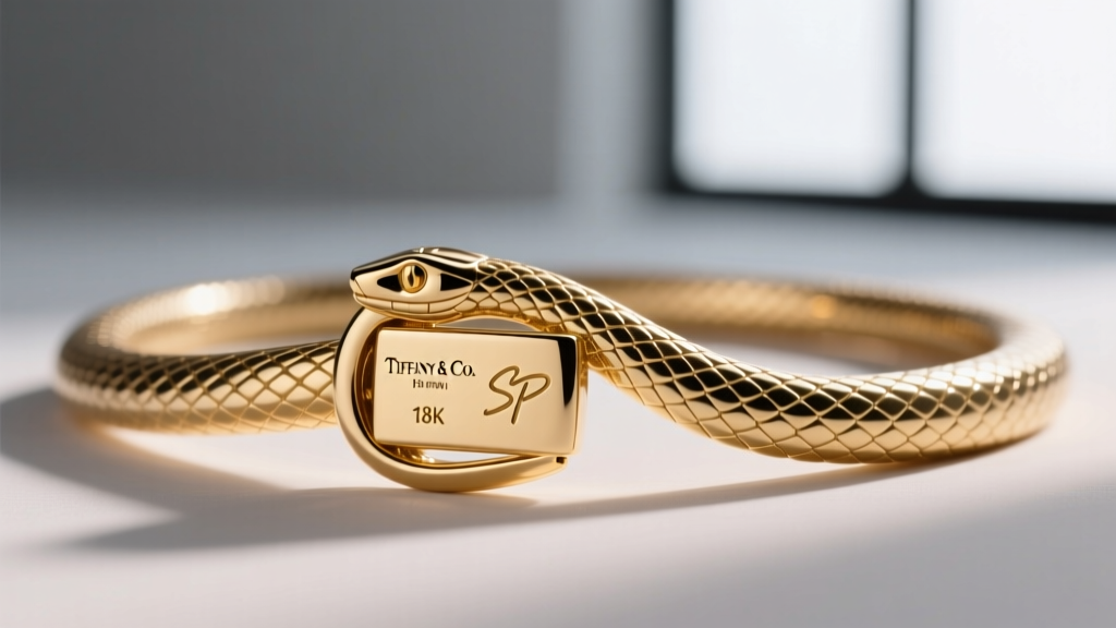 Macro photo of clasp on Elsa Peretti snake necklace, showing Tiffany stamp, SP signature, and 18K hallmark in sharp, clear focus.