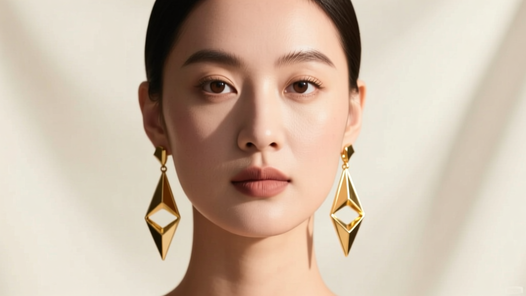 Woman with a round face wearing long geometric gold drop earrings, soft studio lighting highlighting her jawline and cheekbones.