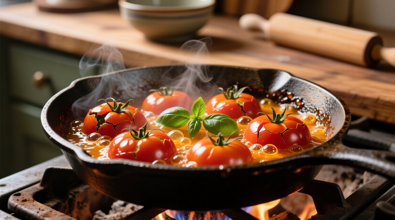 Roasted tomatoes bubbling in cast iron pan
