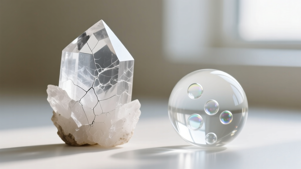 Macro view of natural quartz showing angular internal fractures beside a glass imitation containing perfectly round air bubbles