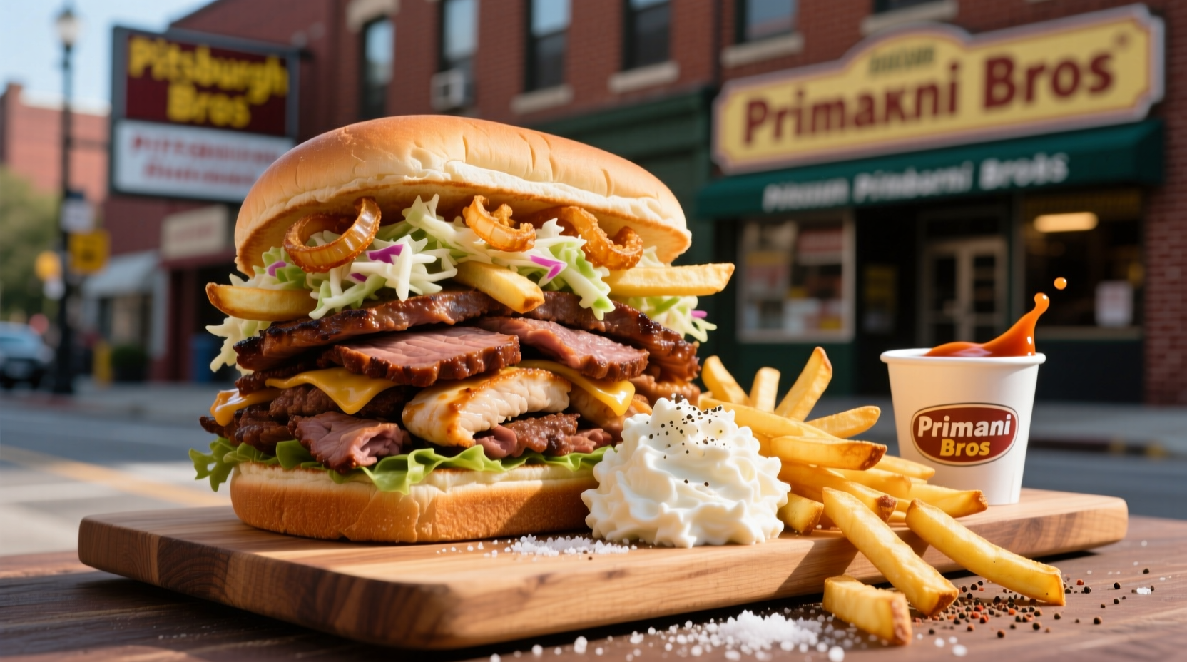 Pittsburgh Primanti Bros sandwich with fries and coleslaw