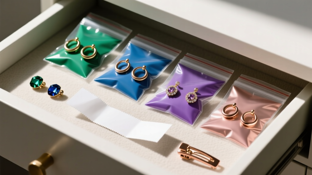 Jewelry drawer displaying polyethylene bags with magnetic hoops and clip-ons stored alongside small anti-tarnish paper strips