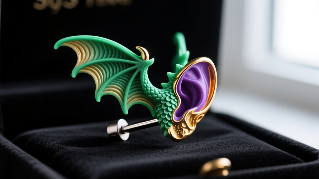 Macro shot of a 3D-printed SLS nylon fantasy dragon-wing ear cuff with an implant-grade titanium post resting on dark velvet