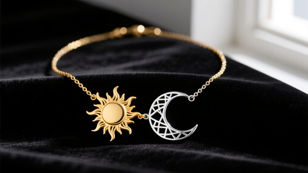 Close-up of a gold and silver sun and moon necklace set on dark velvet, highlighting intricate celestial cutout details and chains.
