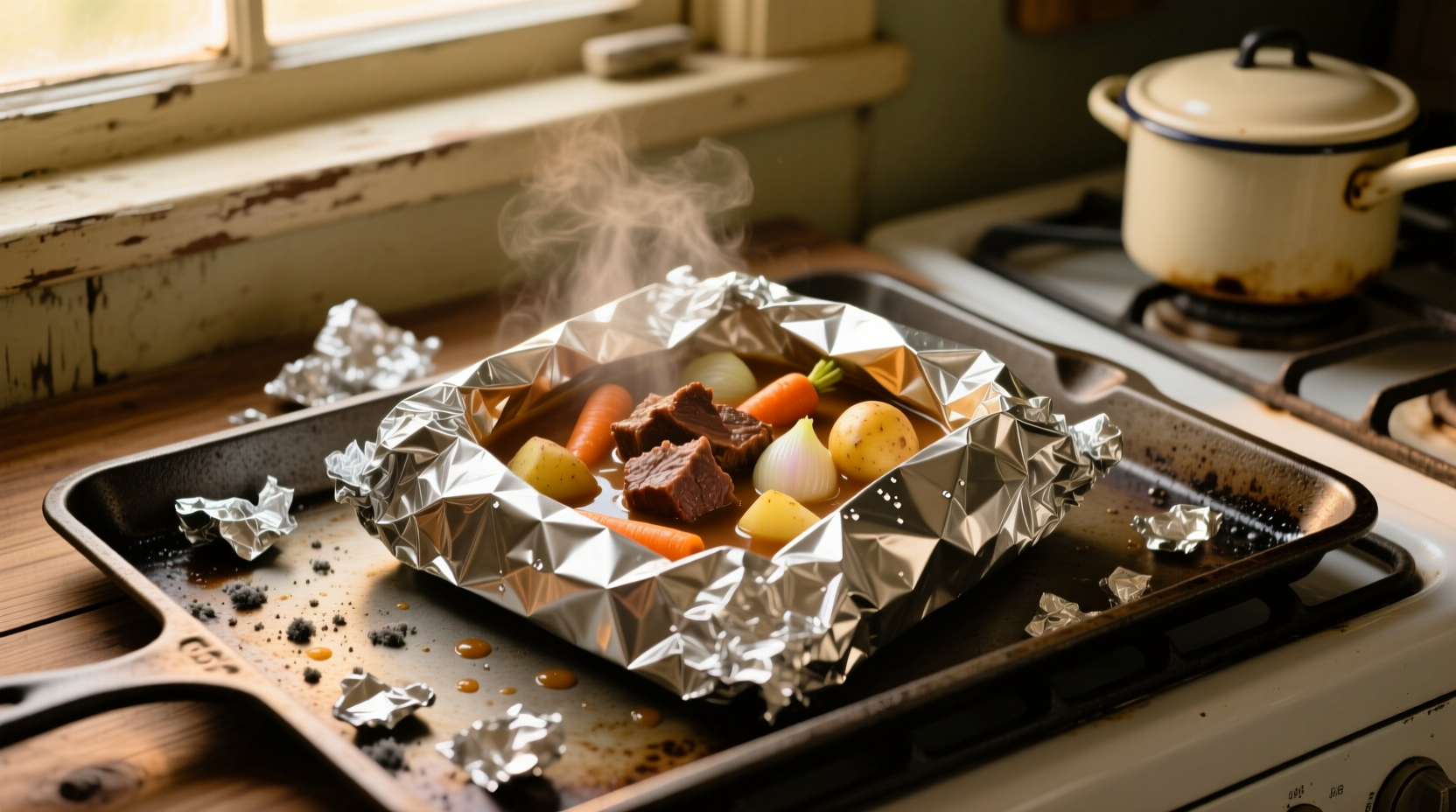 Hobo dinner foil packets in oven baking sheet