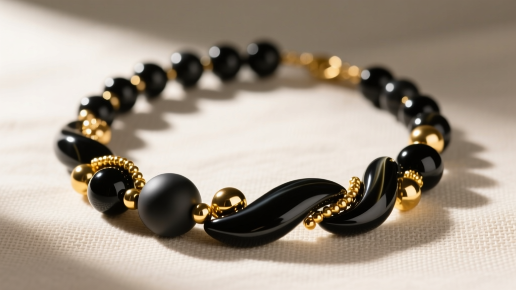 Close-up of a mixed-media beaded necklace featuring matte onyx and gold-filled beads resting on a textured neutral linen surface.