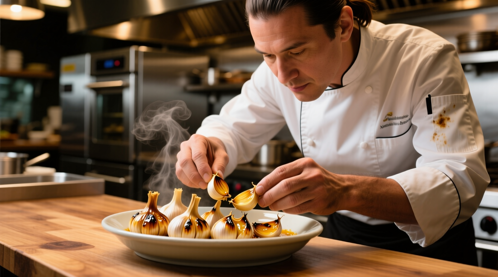 Chef preparing roasted garlic cloves in restaurant kitchen