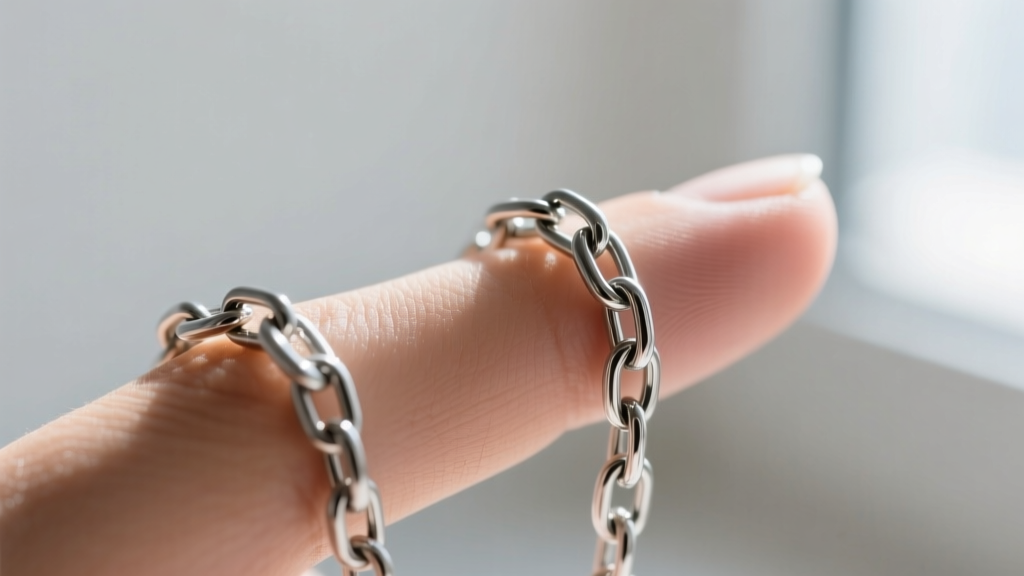 Macro close-up of a flexible 316L stainless steel micro-mesh chain bending over a finger, highlighting tiny interlocking links