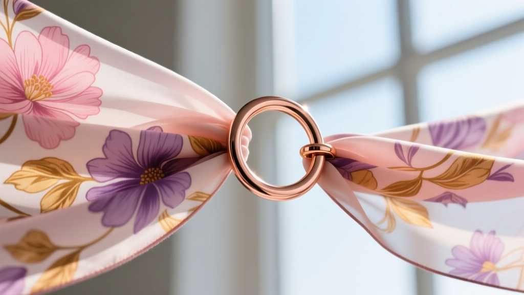 Close-up macro shot of a delicate floral silk chiffon scarf pulled taut through a smooth rose gold circular scarf ring clasp