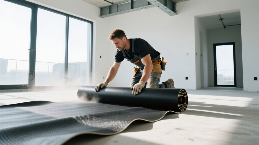 Contractor rolling thick black rubber acoustic underlayment over a concrete subfloor in a bright modern apartment construction site.