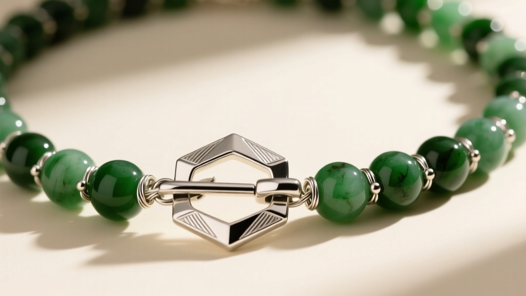 Close-up of a heavy silver toggle clasp attached to a thick jade beaded necklace using French wire guards and crimp beads.
