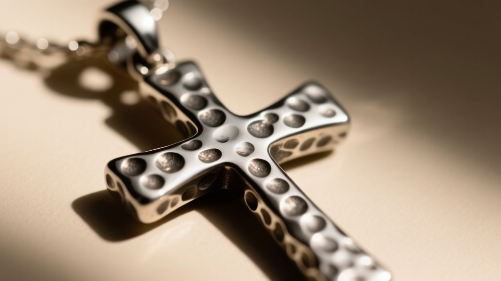 Macro photography of a sterling silver hammered cross pendant showing intentional oxidation in the textured crevices for contrast.