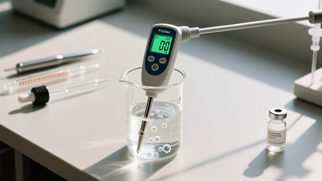 Top-down view of a workbench showing a digital pH meter testing custom mild surfactant jewelry cleaning supplies in a beaker