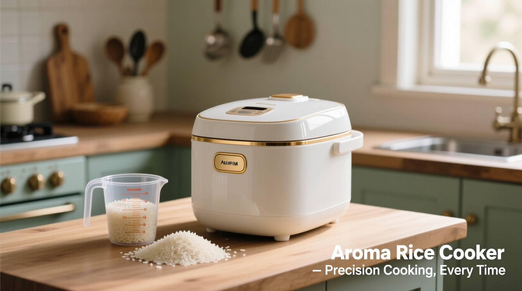 Aroma rice cooker with measuring cup and rice