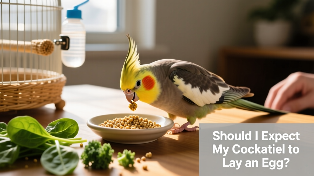 Close-up of a cockatiel feeding soft food from a shallow dish, with fresh greens visible nearby