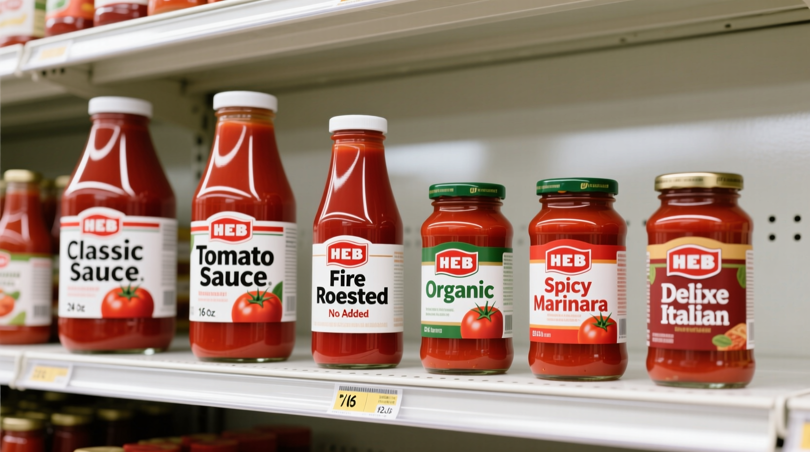 HEB tomato sauce varieties on grocery shelf