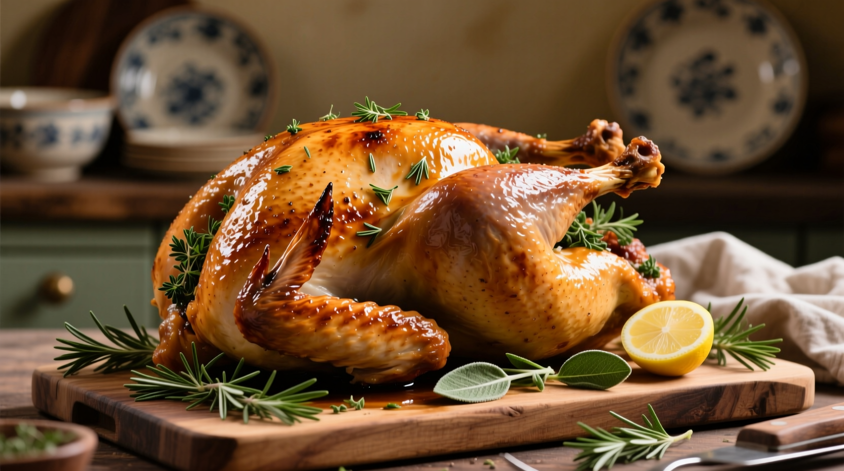 Perfectly roasted golden brown turkey with herbs