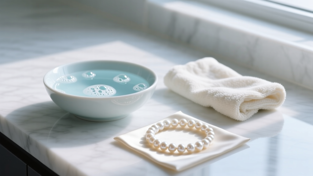 Bowl of soapy water and a soft cloth on a marble counter, prepared for gently cleaning a delicate simulated pearl jewelry strand.