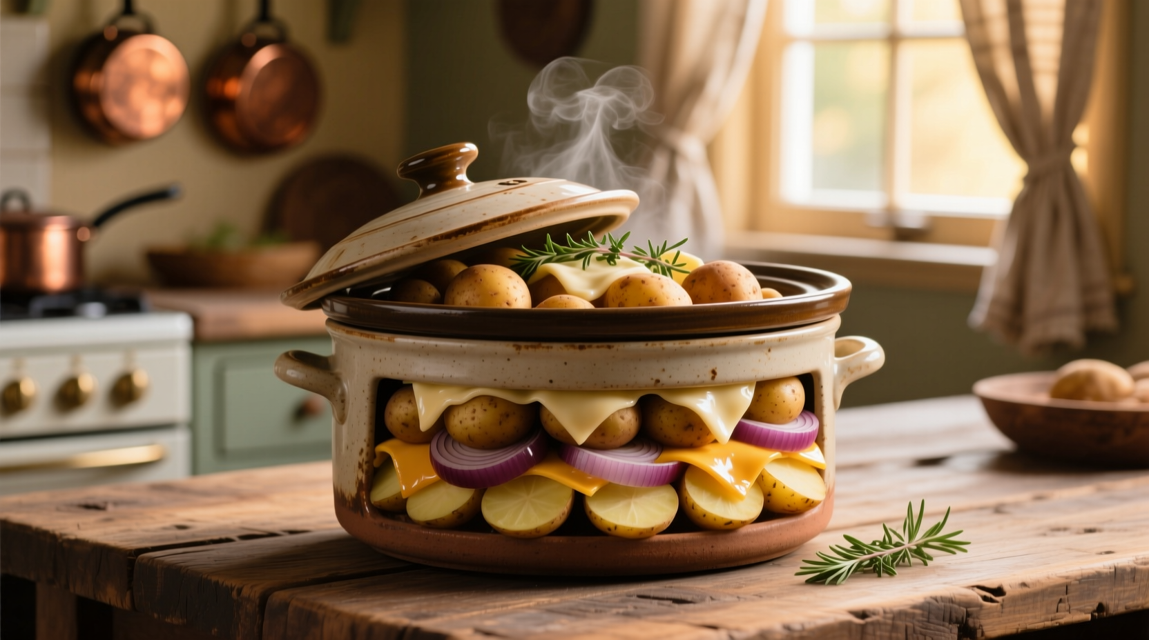Slow cooker filled with layered potato bake ingredients