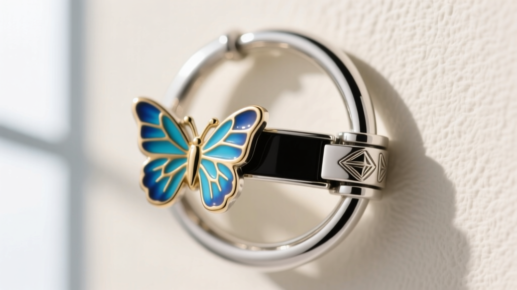 Macro close-up of a hinged clicker clasp on an 18-gauge sterling silver huggie hoop featuring a tiny enamel butterfly
