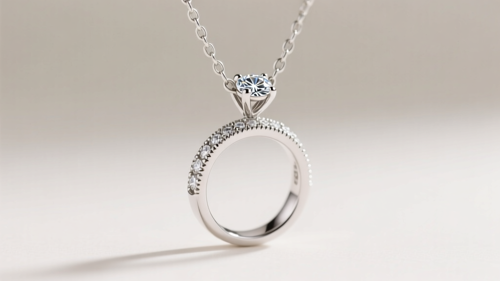 Macro shot of a platinum ring pendant attached to a white gold chain via a hidden diamond-set bail under soft studio lighting