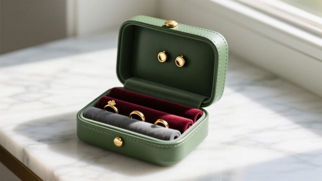 Sage green vegan leather small jewelry case on marble, displaying velvet ring rolls and gold stud earrings in soft morning light