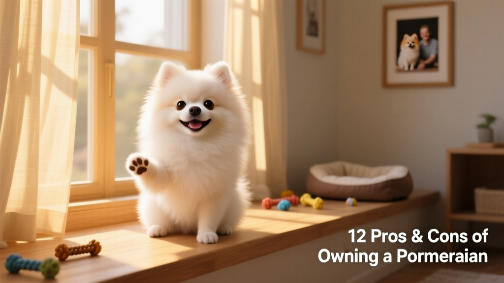 A cheerful Pomeranian sitting on a sunlit windowsill, looking alert and expressive