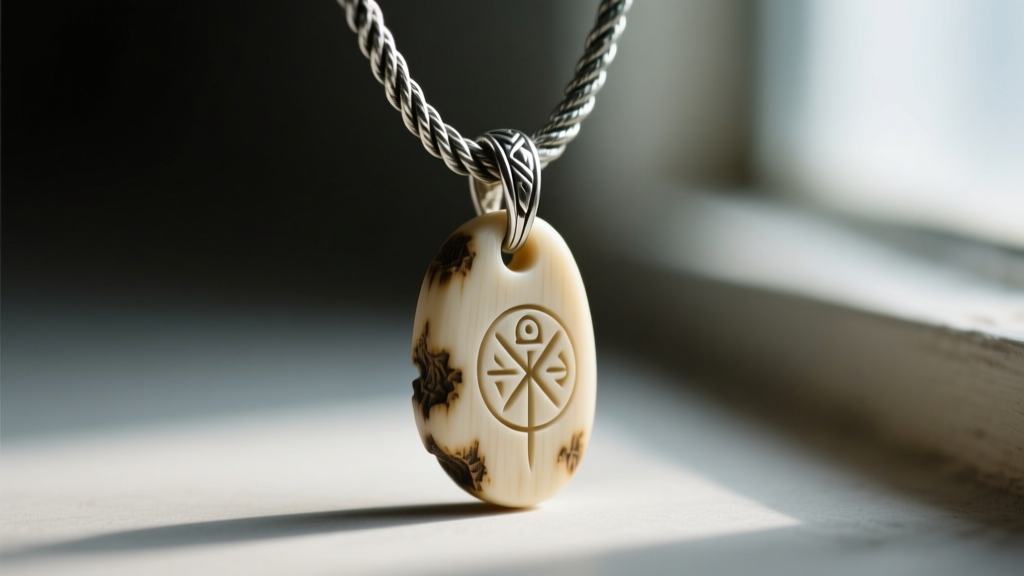 Macro shot of a 2.5mm oxidized silver rope chain connecting to a carved bone spiritual amulet pendant under moody lighting.