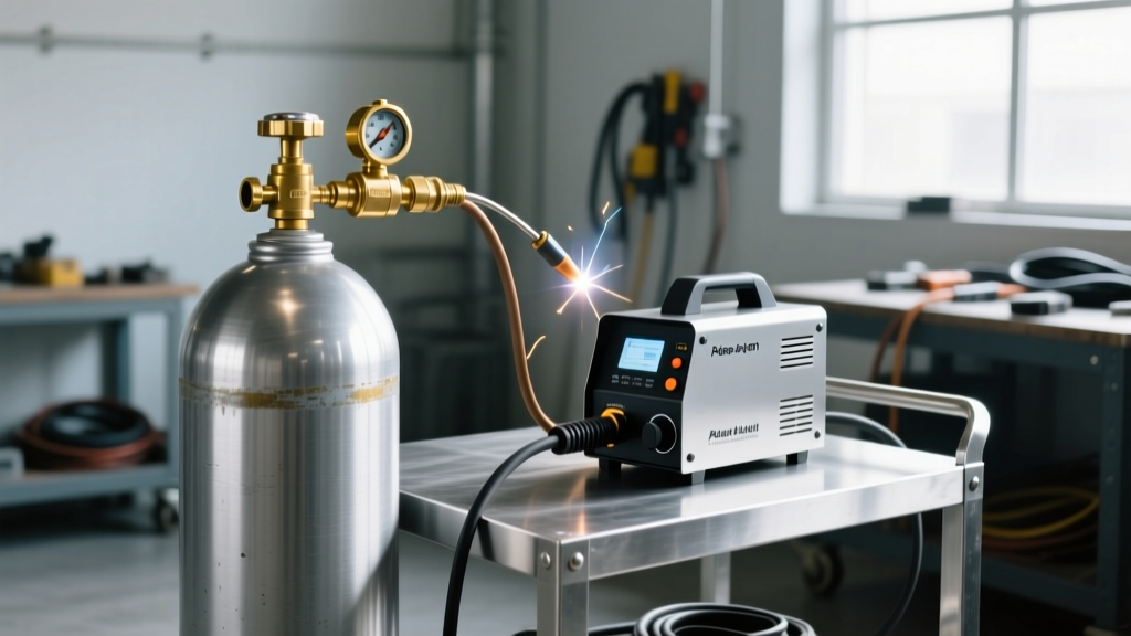 Silver argon gas cylinder with a brass flowmeter attached, positioned next to a compact pulse arc welder on a metal work cart.