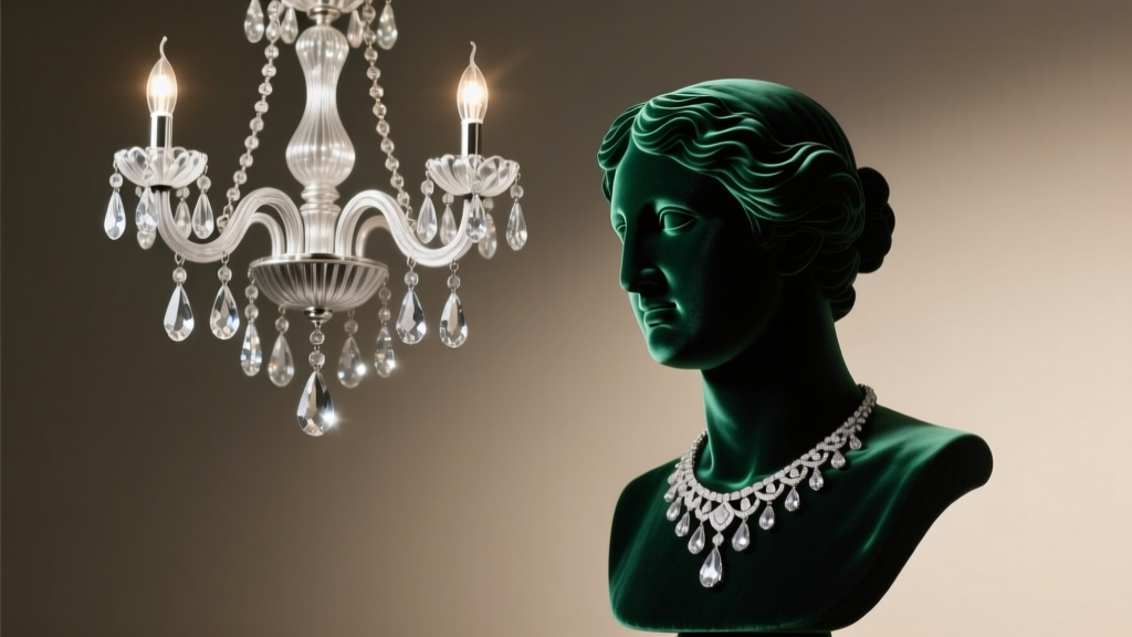 Elegant silver necklace chandelier with cascading teardrop crystals resting on a dark velvet bust against soft studio lighting